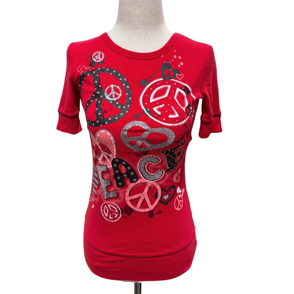y2k 2000s Red Peace Sign Graphic Tee Glitter Accents Short Sleeve Top M 10/12